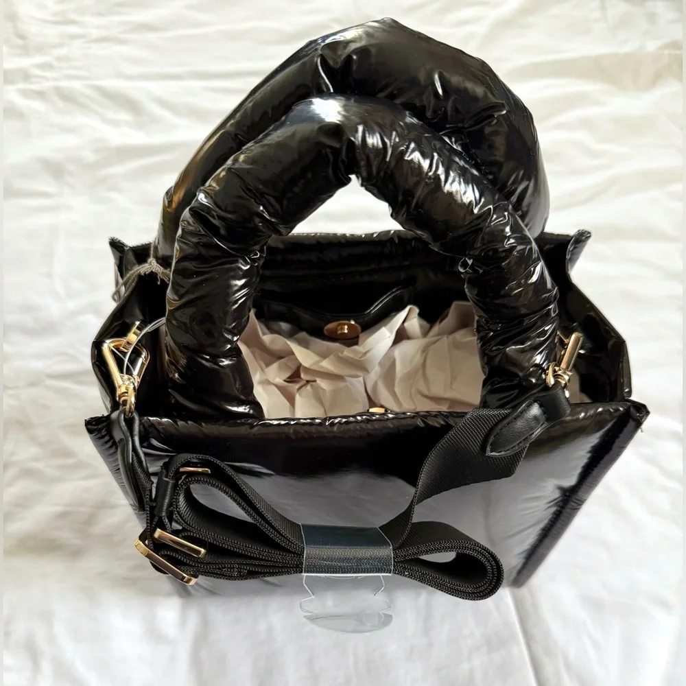 A New Day Black Patent Leather Puffer Midi Boxy Satchel Handbag - Picture 2 of 4